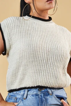 Rebellious Fashion Beige Knitted Contrast Edge Cropped Top - Bethany