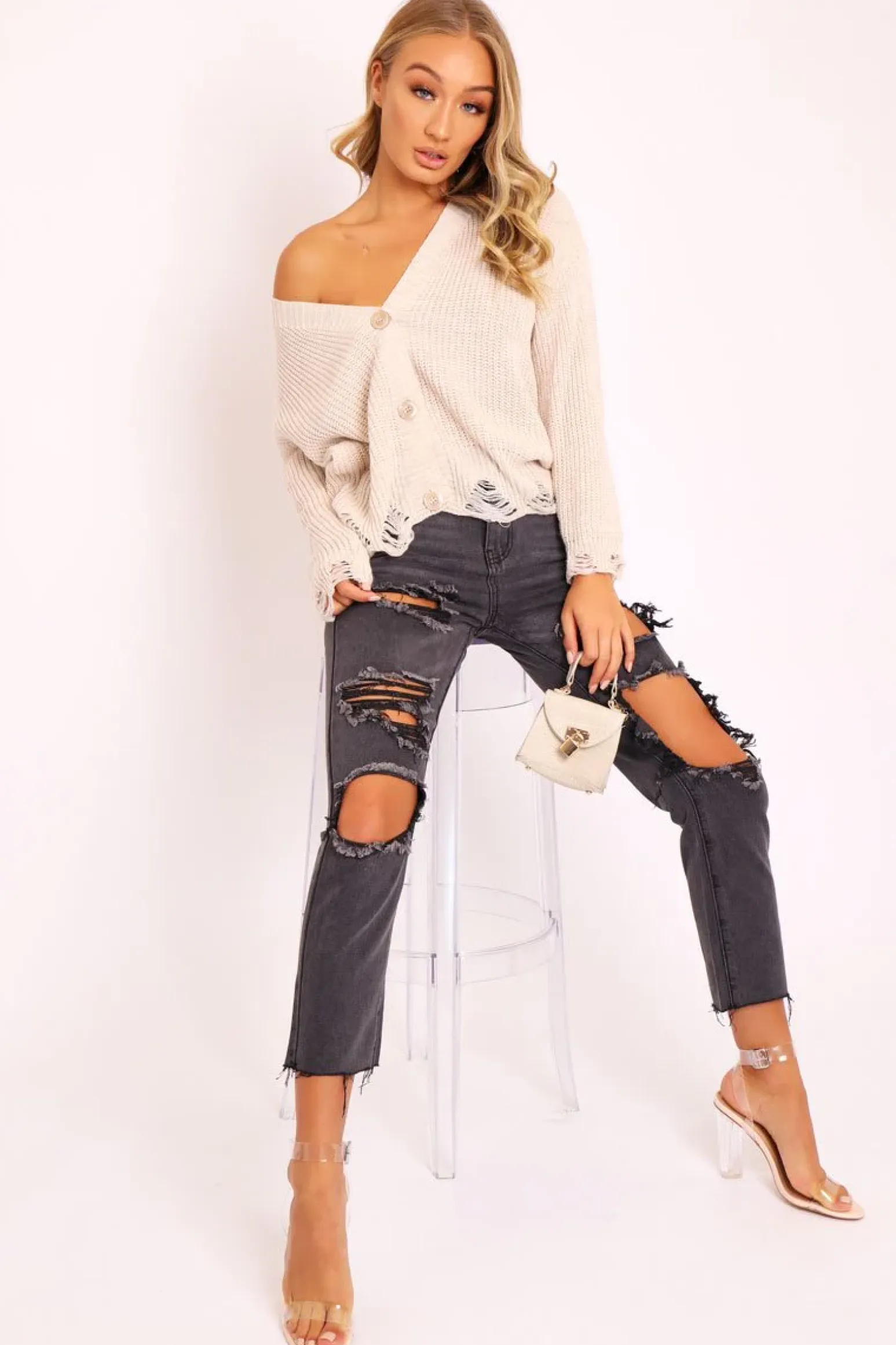 Rebellious Fashion Beige Knitted Distressed Button Front Cardigan - Trudie
