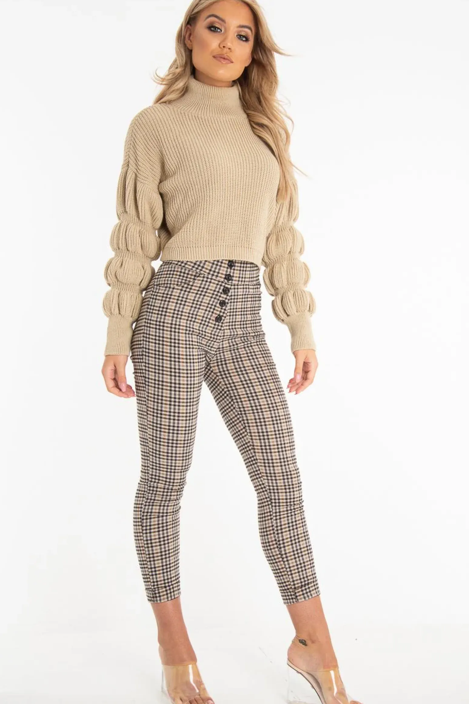 Rebellious Fashion Beige Knitted Puff Arm High Neck Jumper - Lola
