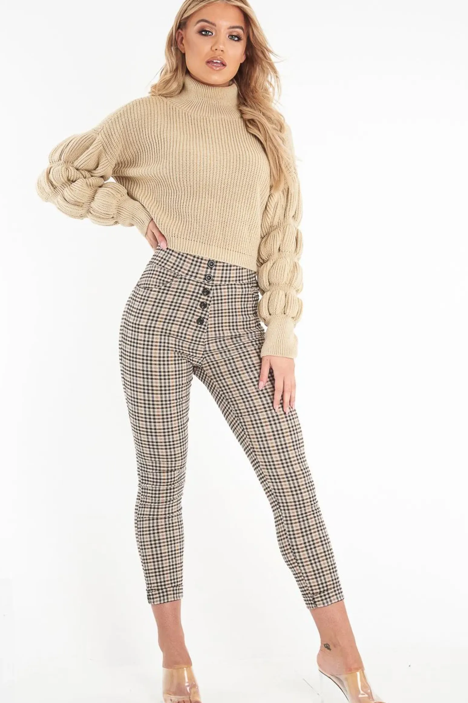 Rebellious Fashion Beige Knitted Puff Arm High Neck Jumper - Lola
