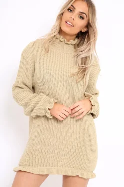 Rebellious Fashion Beige Knitted Ruffle Jumper Dress with Elasticated hems - Velma