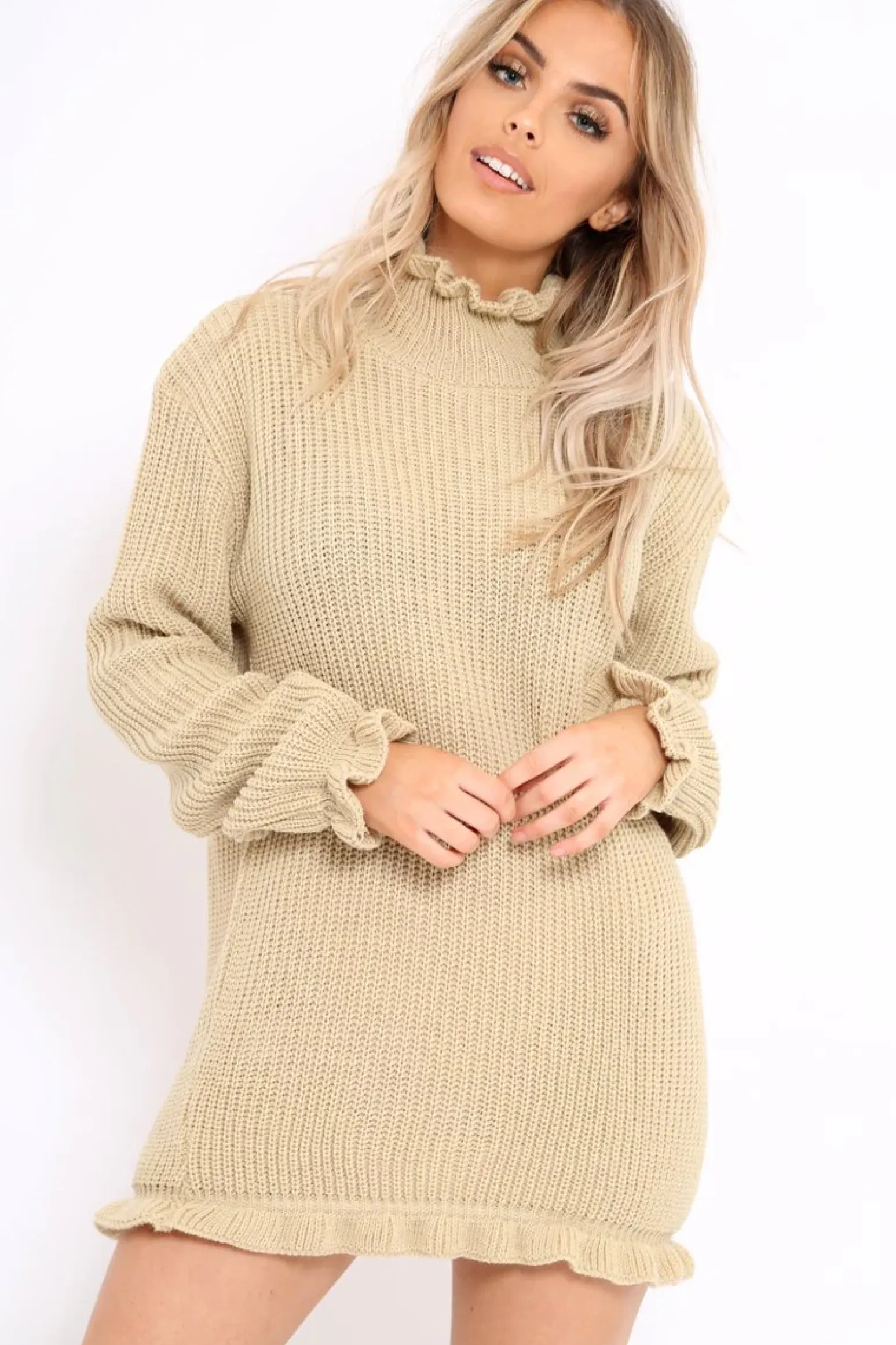 Rebellious Fashion Beige Knitted Ruffle Jumper Dress with Elasticated hems - Velma