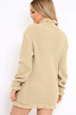 Rebellious Fashion Beige Knitted Ruffle Jumper Dress with Elasticated hems - Velma