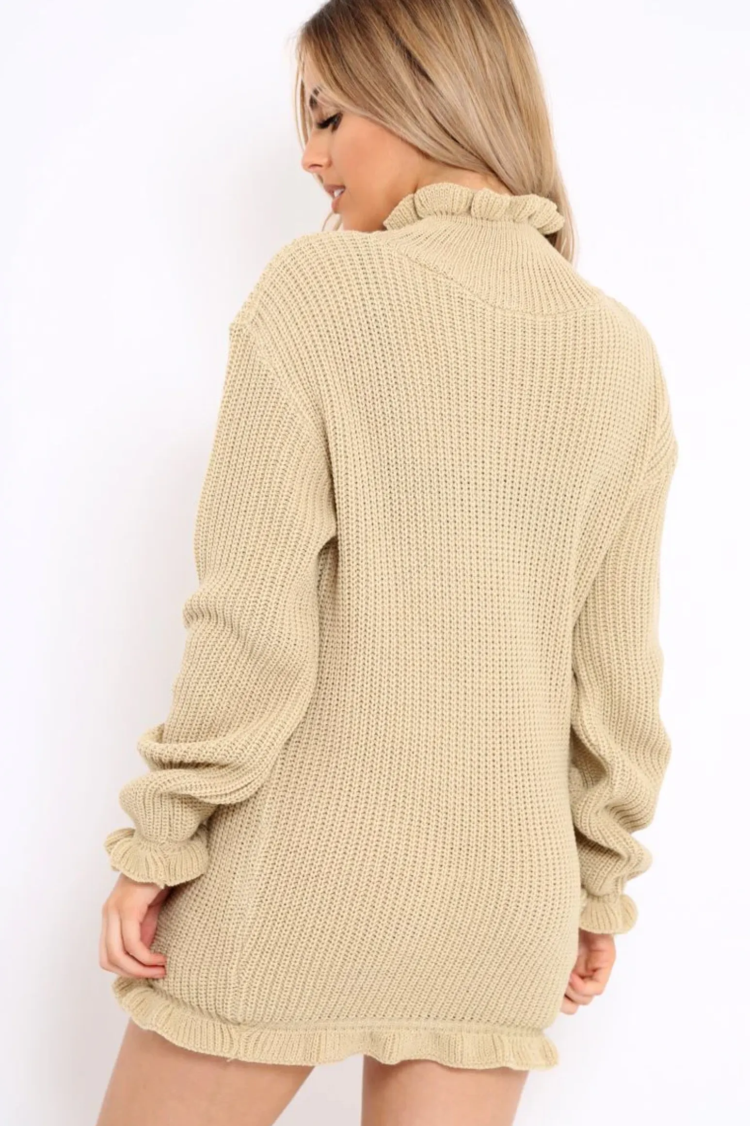 Rebellious Fashion Beige Knitted Ruffle Jumper Dress with Elasticated hems - Velma