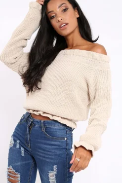Rebellious Fashion Beige Knitted Ruffle Jumper with Elasticated hems - Eve