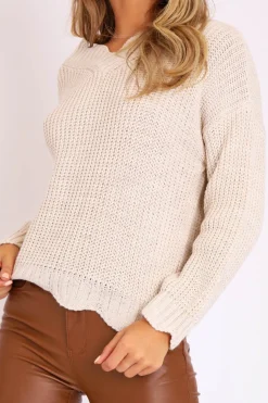 Rebellious Fashion Beige Knitted Scallop Edge Plunge Neckline Jumper - Lylia