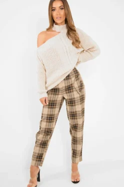 Rebellious Fashion Beige Knitted Slash Neck Off Shoulder Jumper - Hazel