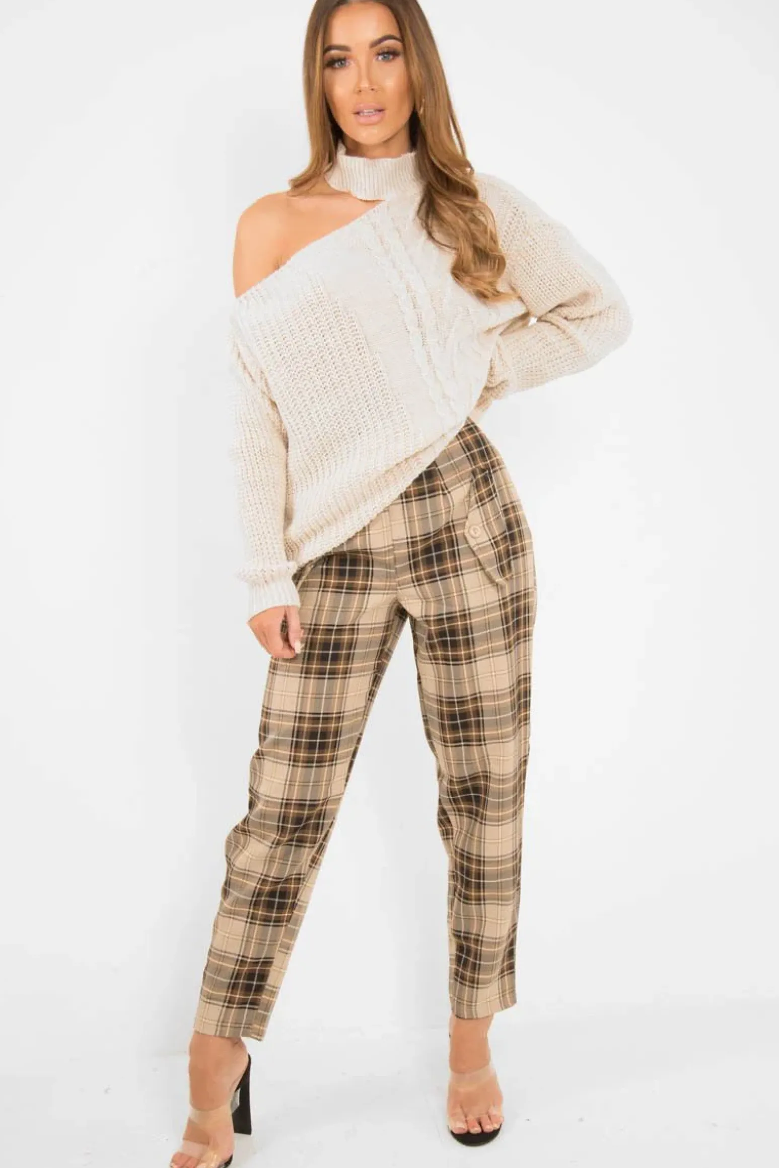 Rebellious Fashion Beige Knitted Slash Neck Off Shoulder Jumper - Hazel