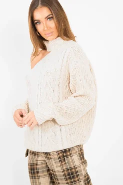 Rebellious Fashion Beige Knitted Slash Neck Off Shoulder Jumper - Hazel
