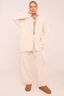 Rebellious Fashion Beige Knit Tie Front Cardigan & Straight Leg Co-ord Set - Valeria
