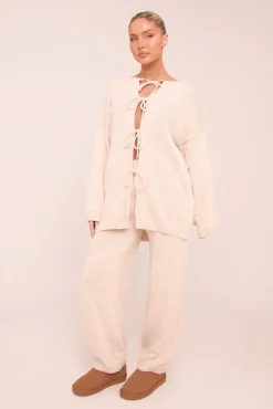 Rebellious Fashion Beige Knit Tie Front Cardigan & Straight Leg Co-ord Set - Valeria