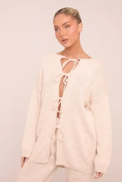 Rebellious Fashion Beige Knit Tie Front Cardigan & Straight Leg Co-ord Set - Valeria