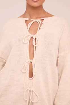 Rebellious Fashion Beige Knit Tie Front Cardigan & Straight Leg Co-ord Set - Valeria