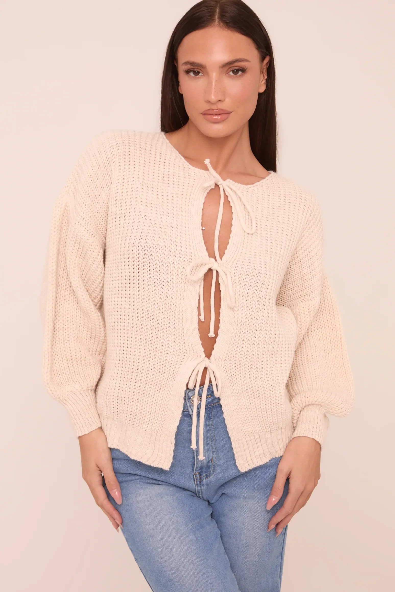 Rebellious Fashion Beige Knit Tie Front Detail Long Sleeves Cardigan - Ava