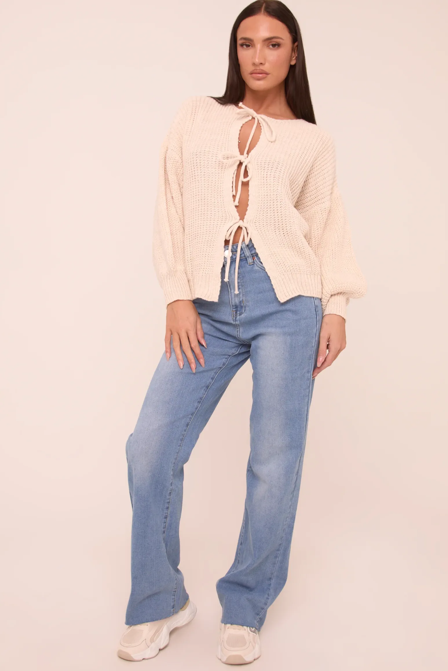 Rebellious Fashion Beige Knit Tie Front Detail Long Sleeves Cardigan - Ava