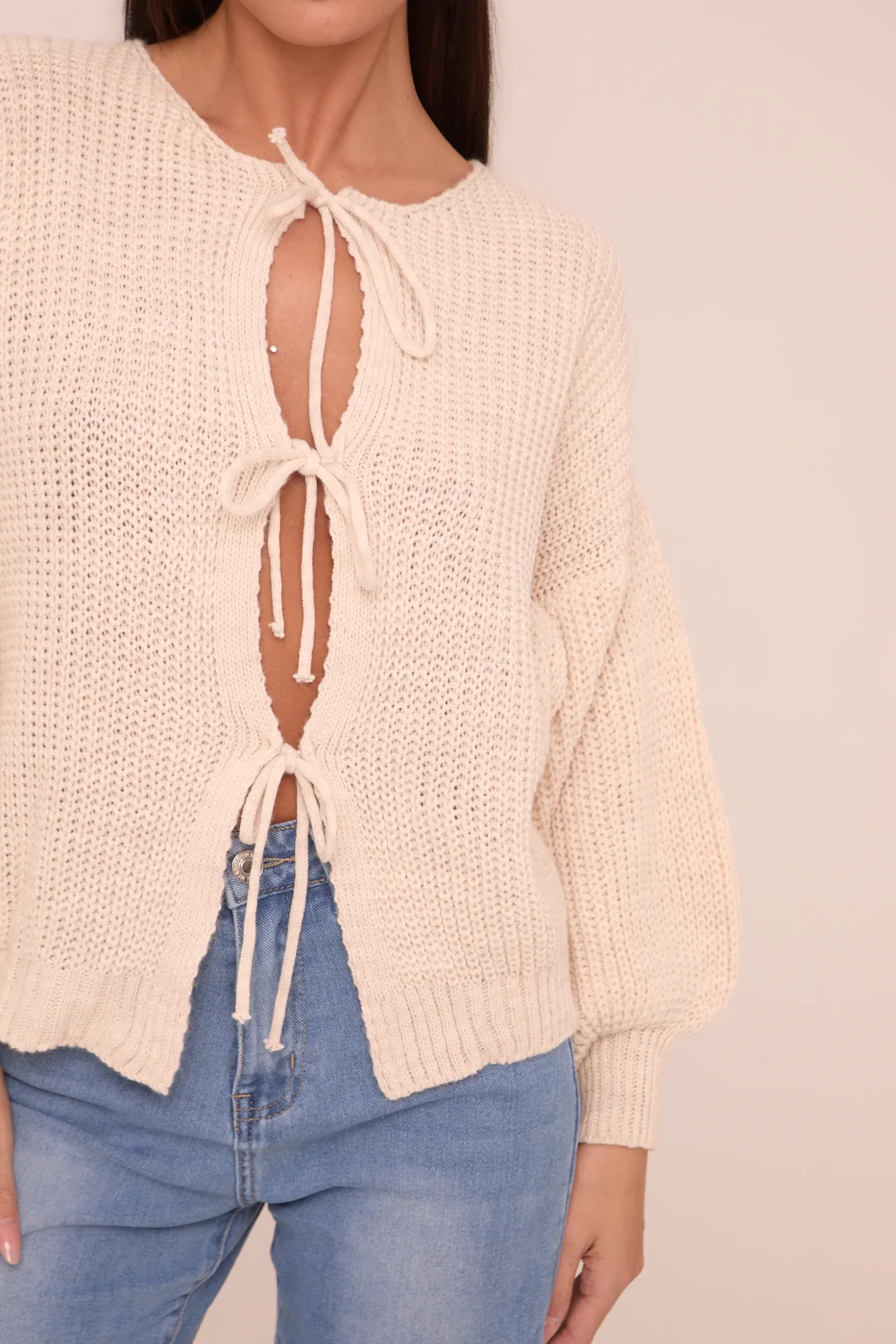 Rebellious Fashion Beige Knit Tie Front Detail Long Sleeves Cardigan - Ava