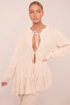Rebellious Fashion Beige Knit Tie Front Frill Hem Cardigan & Straight Leg Trouser Loungewear Co-ord Set - Julianna