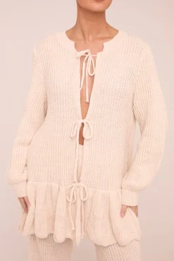 Rebellious Fashion Beige Knit Tie Front Frill Hem Cardigan & Straight Leg Trouser Loungewear Co-ord Set - Julianna