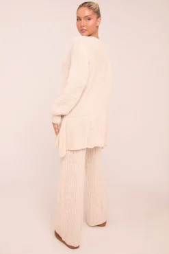 Rebellious Fashion Beige Knit Tie Front Frill Hem Cardigan & Straight Leg Trouser Loungewear Co-ord Set - Julianna
