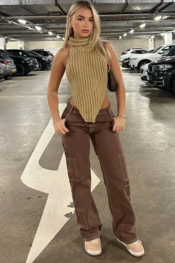 Rebellious Fashion Beige Knit Turtle Neck Asymmetric Crop Top - Tatum