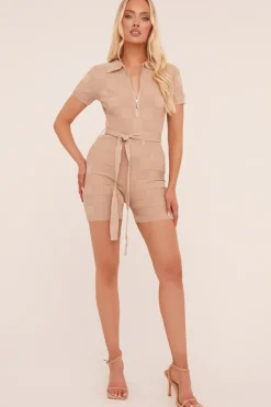 Rebellious Fashion Beige Knit Zip Front Belt Detail Playsuit - Haydi