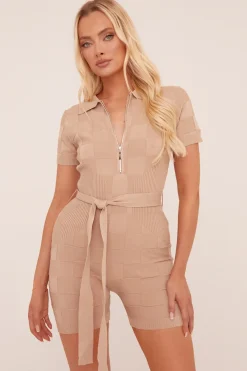 Rebellious Fashion Beige Knit Zip Front Belt Detail Playsuit - Haydi
