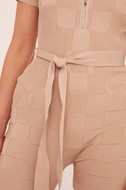 Rebellious Fashion Beige Knit Zip Front Belt Detail Playsuit - Haydi