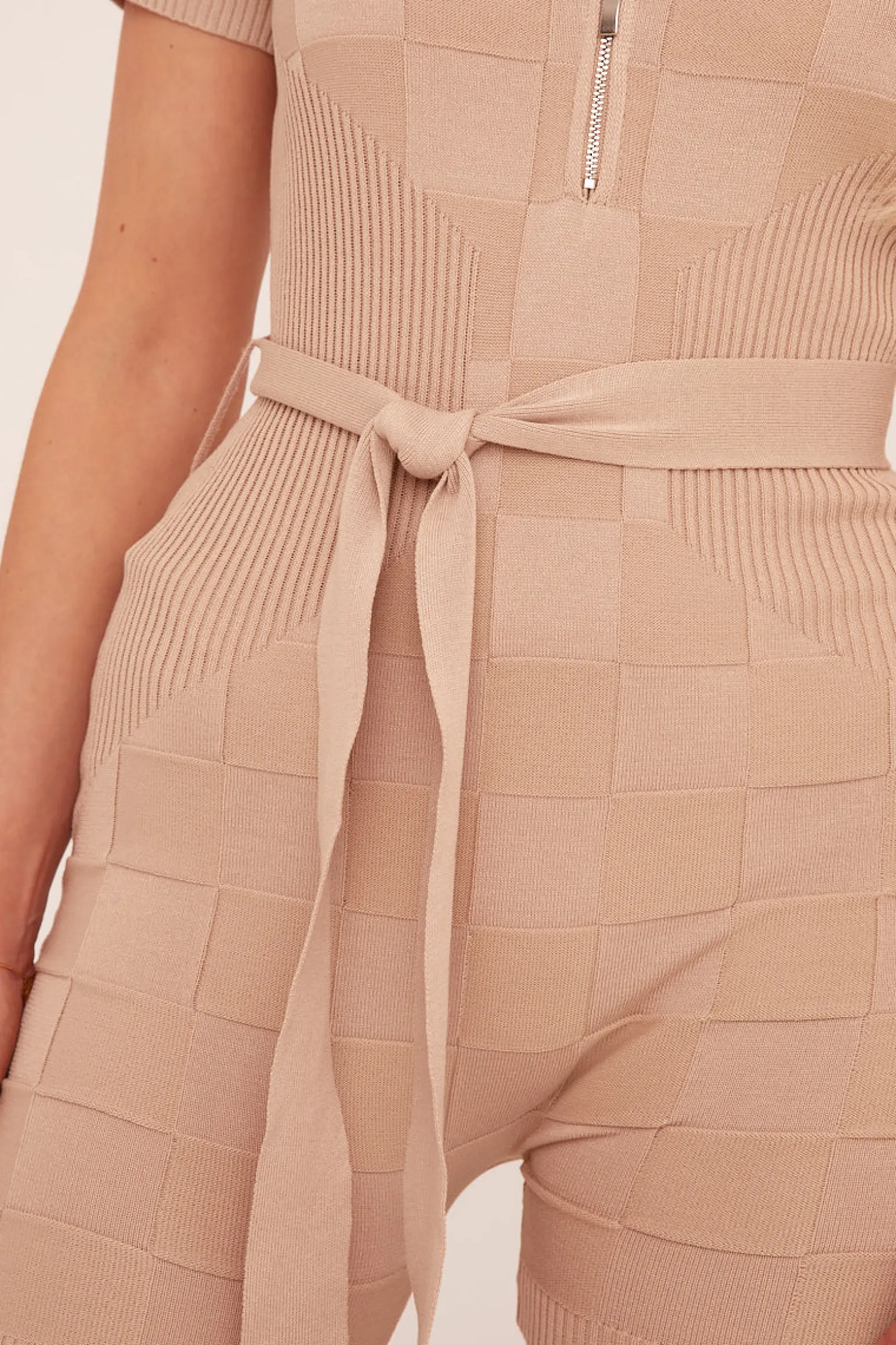 Rebellious Fashion Beige Knit Zip Front Belt Detail Playsuit - Haydi