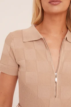 Rebellious Fashion Beige Knit Zip Front Belt Detail Playsuit - Haydi