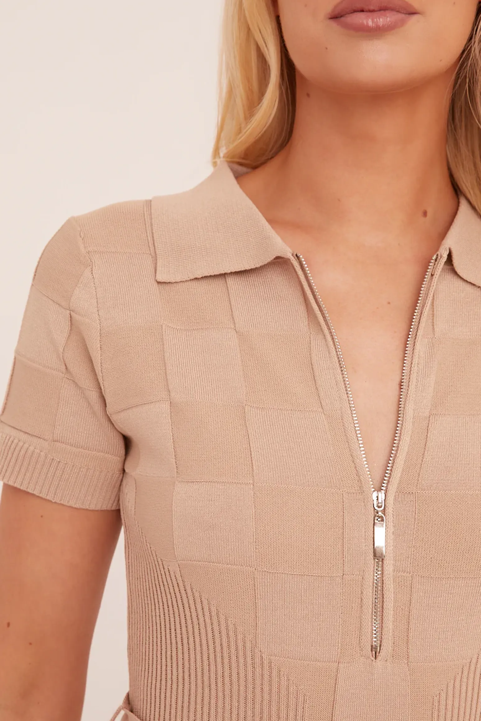 Rebellious Fashion Beige Knit Zip Front Belt Detail Playsuit - Haydi