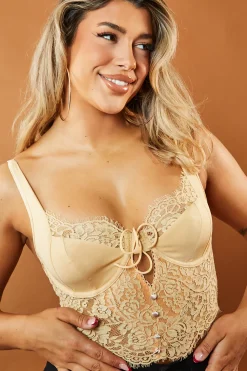 Rebellious Fashion Beige Lace Corset Detail Bralette Cropped Top - Leena