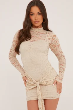 Rebellious Fashion Beige Lace High Neck Tie Front Mini Dress - Tianne