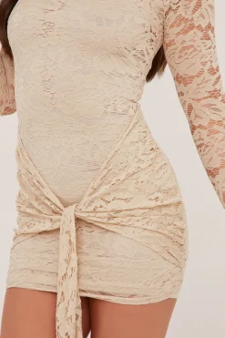 Rebellious Fashion Beige Lace High Neck Tie Front Mini Dress - Tianne