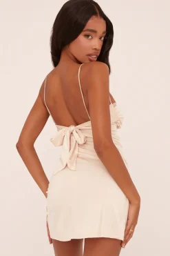 Rebellious Fashion Beige Lace Trim Tie Back Detail Mini Dress - Serinity