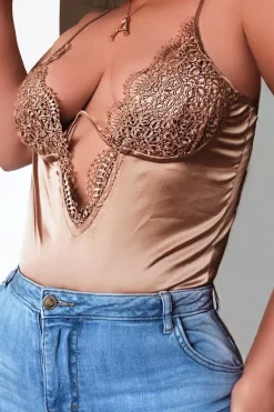 Rebellious Fashion Beige Lace Underwired Cup Detail Bodysuit - Mariah
