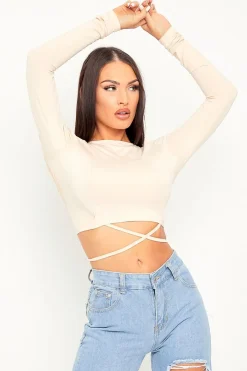 Rebellious Fashion Beige Lace Up Back Long Sleeve Crop Top - Malaina
