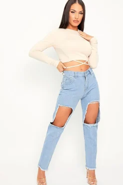 Rebellious Fashion Beige Lace Up Back Long Sleeve Crop Top - Malaina