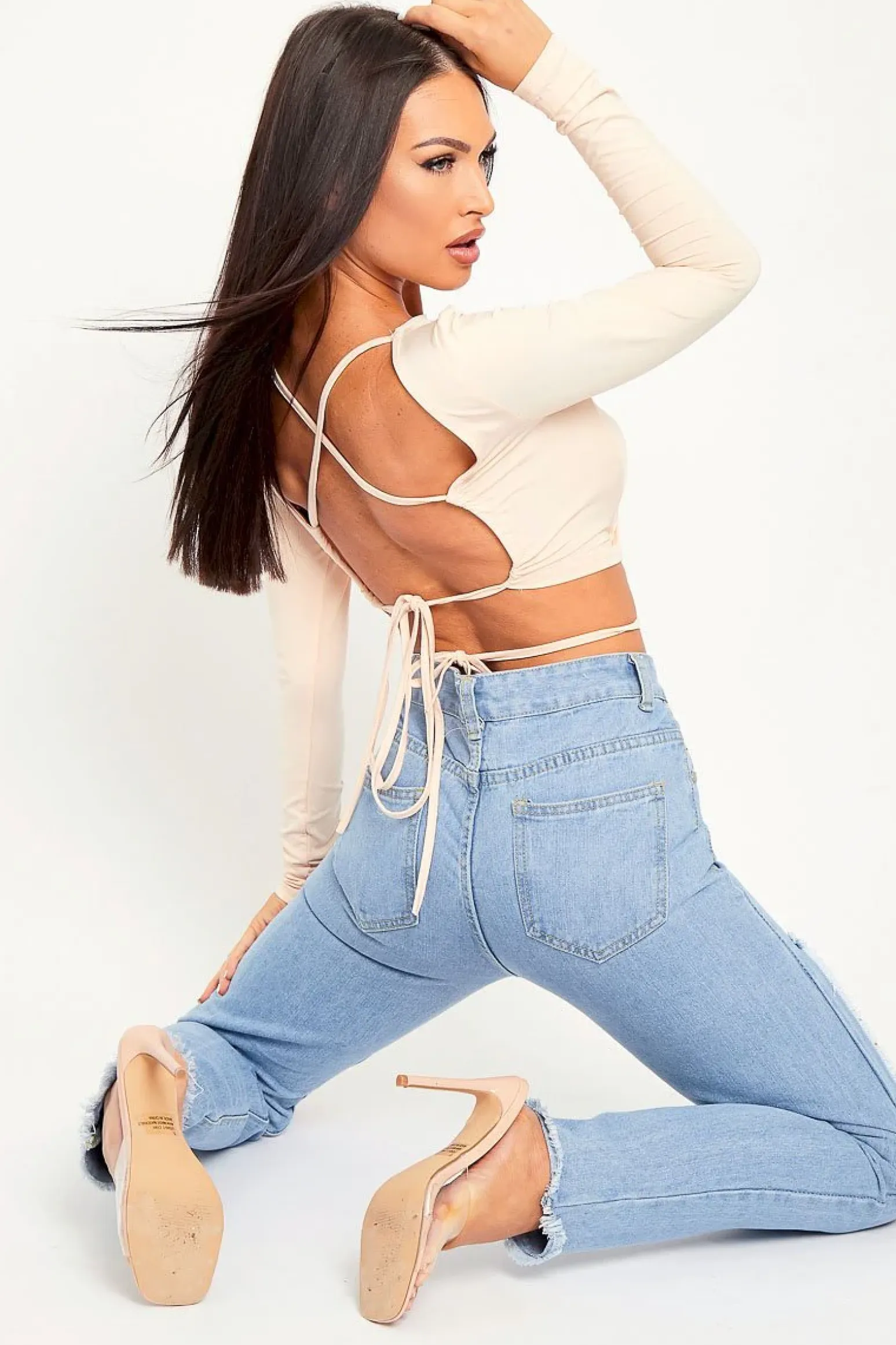 Rebellious Fashion Beige Lace Up Back Long Sleeve Crop Top - Malaina