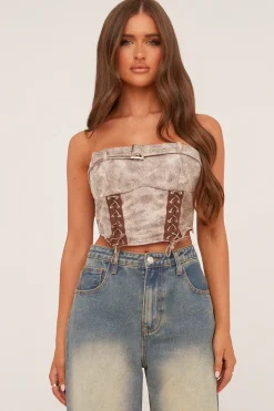 Rebellious Fashion Beige Lace Up Corset Detail Cropped Top - Jovey