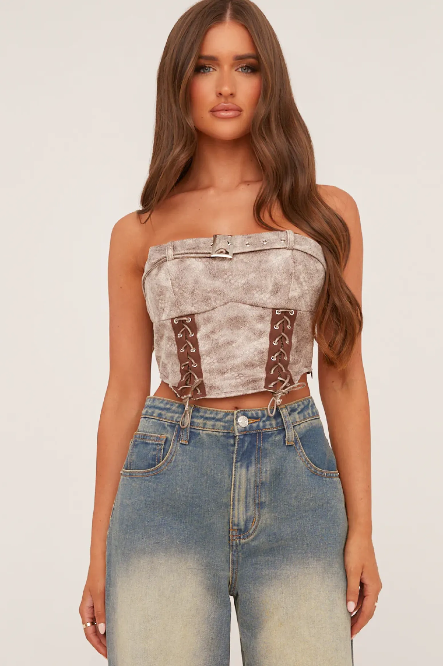 Rebellious Fashion Beige Lace Up Corset Detail Cropped Top - Jovey