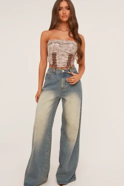 Rebellious Fashion Beige Lace Up Corset Detail Cropped Top - Jovey