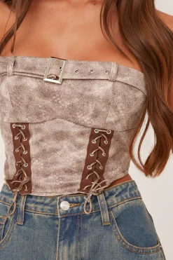Rebellious Fashion Beige Lace Up Corset Detail Cropped Top - Jovey
