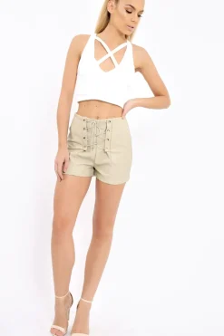 Rebellious Fashion Beige Lace Up Front Leather Shorts - Coriane