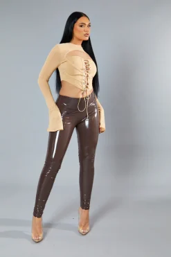 Rebellious Fashion Beige Lace Up Mesh Sleeve Corset Top - Lavya