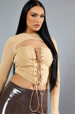 Rebellious Fashion Beige Lace Up Mesh Sleeve Corset Top - Lavya