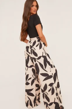 Rebellious Fashion Beige Leaf Print Round Neck Jumpsuit - Lewis