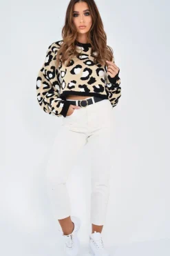 Rebellious Fashion Beige Leopard Crop Batwing Jumper - Raigen