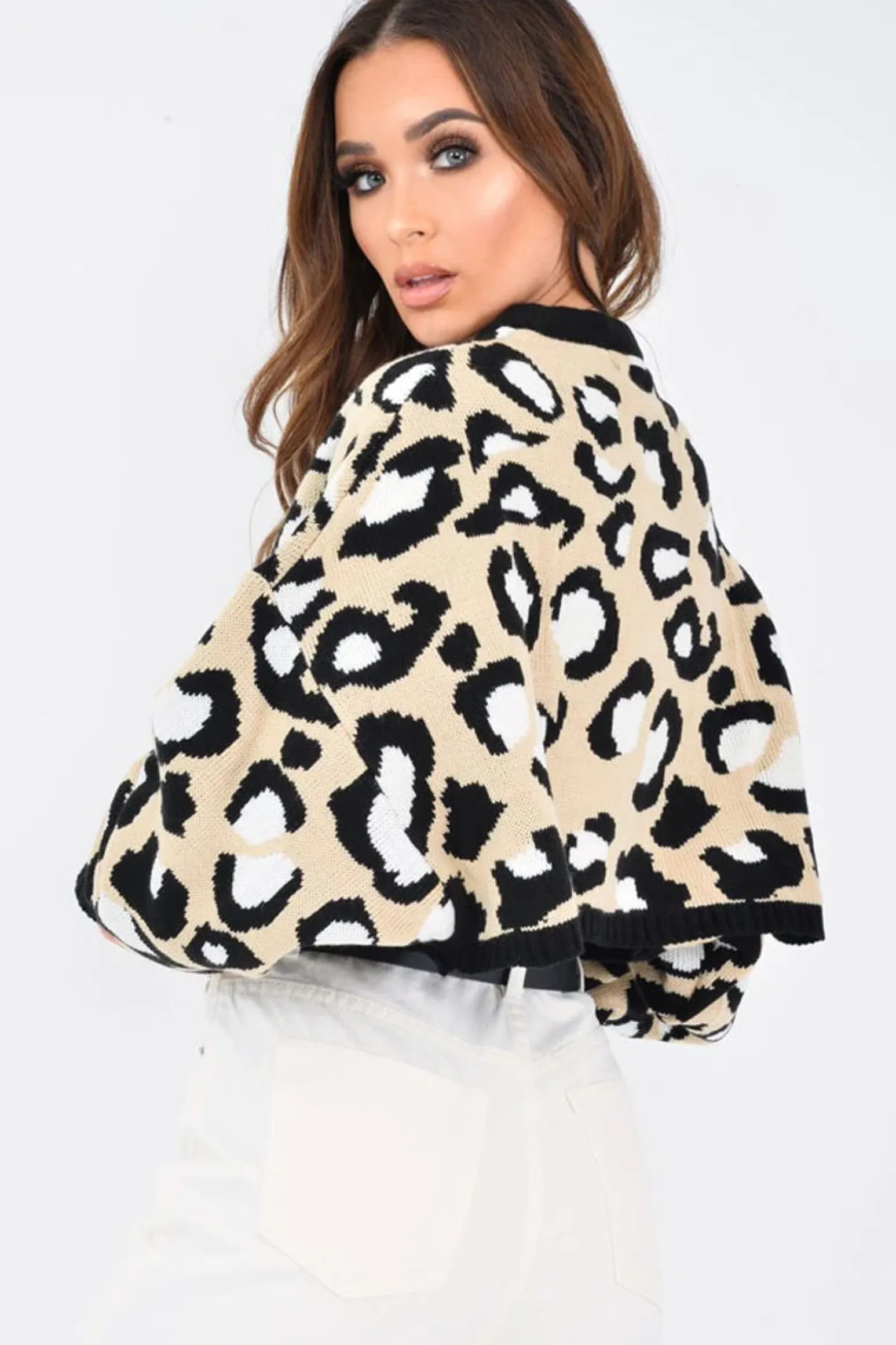 Rebellious Fashion Beige Leopard Crop Batwing Jumper - Raigen