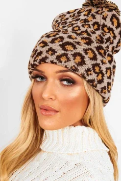 Rebellious Fashion Beige Leopard Knit Pom Pom Hat - Kela