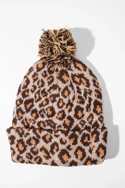 Rebellious Fashion Beige Leopard Knit Pom Pom Hat - Kela